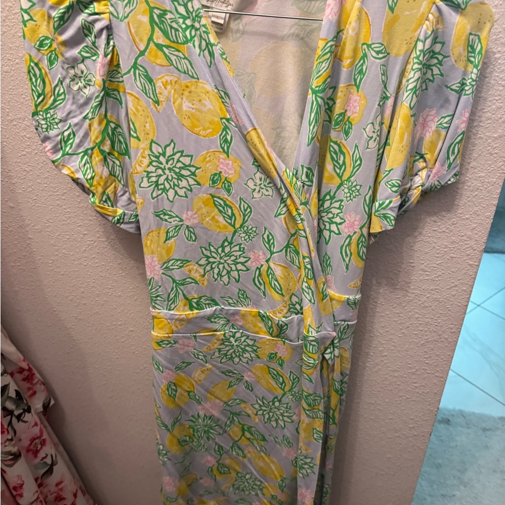 Lilly Pulitzer Lemon-Print Wrap Midi Dress in Yellow, Green & Pink - Picture 1 of 2